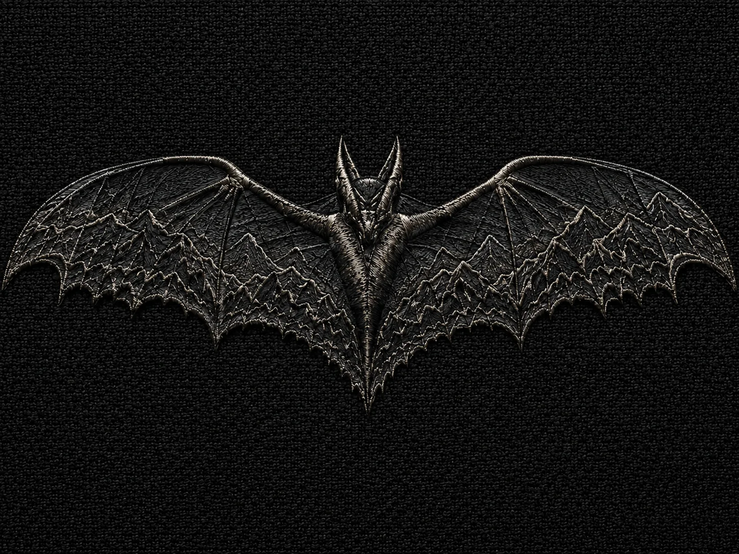 The full bat embroidery, wings spanning shoulder to shoulder with mountain ridges worked into the membrane