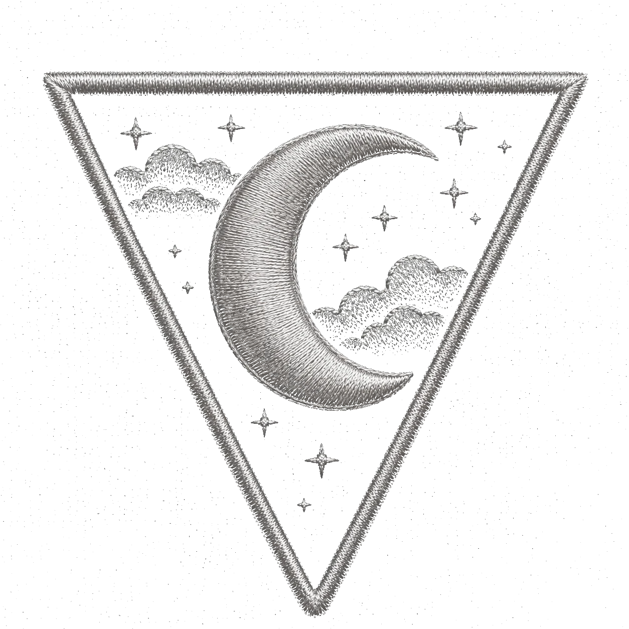 The feminine downward triangle: a satin white crescent moon with cloud and star, on the right shoulder