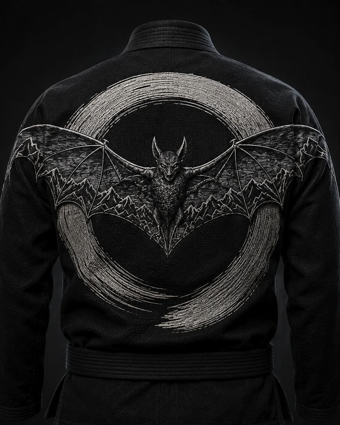 The back of the RENATUS II gi: the bat over a large incomplete white ensō