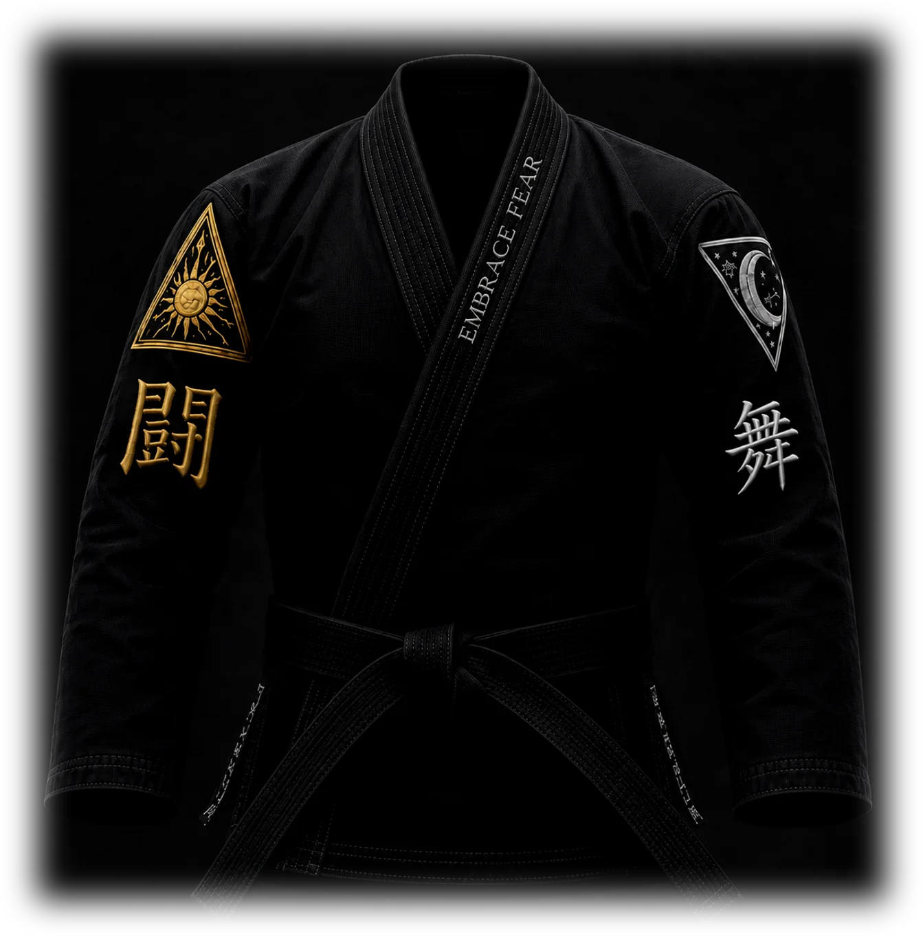 The RENATUS II jacket, closed: gold sun triangle and 闘 on the left arm, white moon triangle and 舞 on the right, EMBRACE FEAR down the lapel